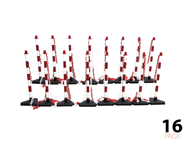 Set Afzetpaal &Ketting -Economy-, 16 Afzetpalen incl. 25m Kunststof Ketting (Rood/Wit) 