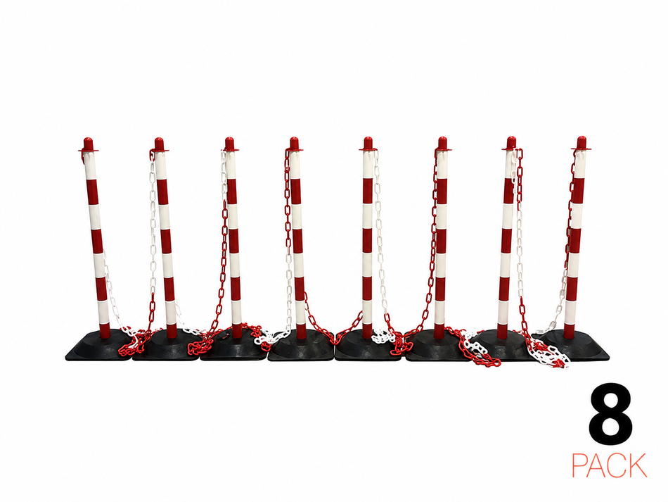 Afzetpaal met ketting Kits – Basic – 8 palen incl. 10 m Kunststof ketting (Rood/Wit)