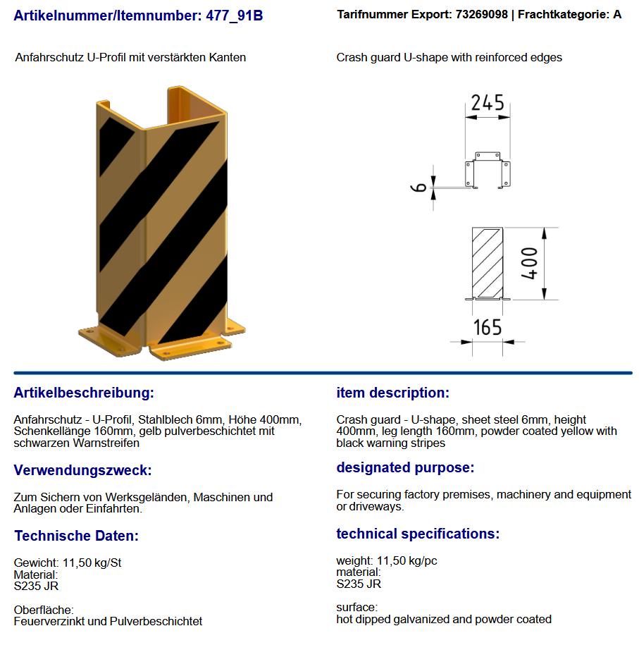 Aanrijdbeveiliging voor palletstellingen -Crash Guard- U-vorm met verstevigde randen