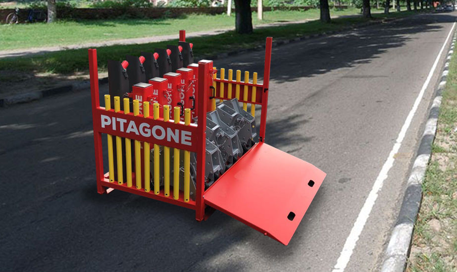 Pitagone Antiterrorisme barrière systeem – 6 modules met opslagrek (complete HVM-oplossing)